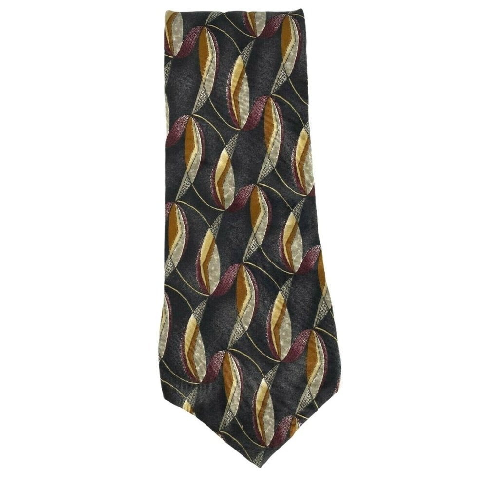 George Machado Black Maroon Yellow Tan Silk Tie‎